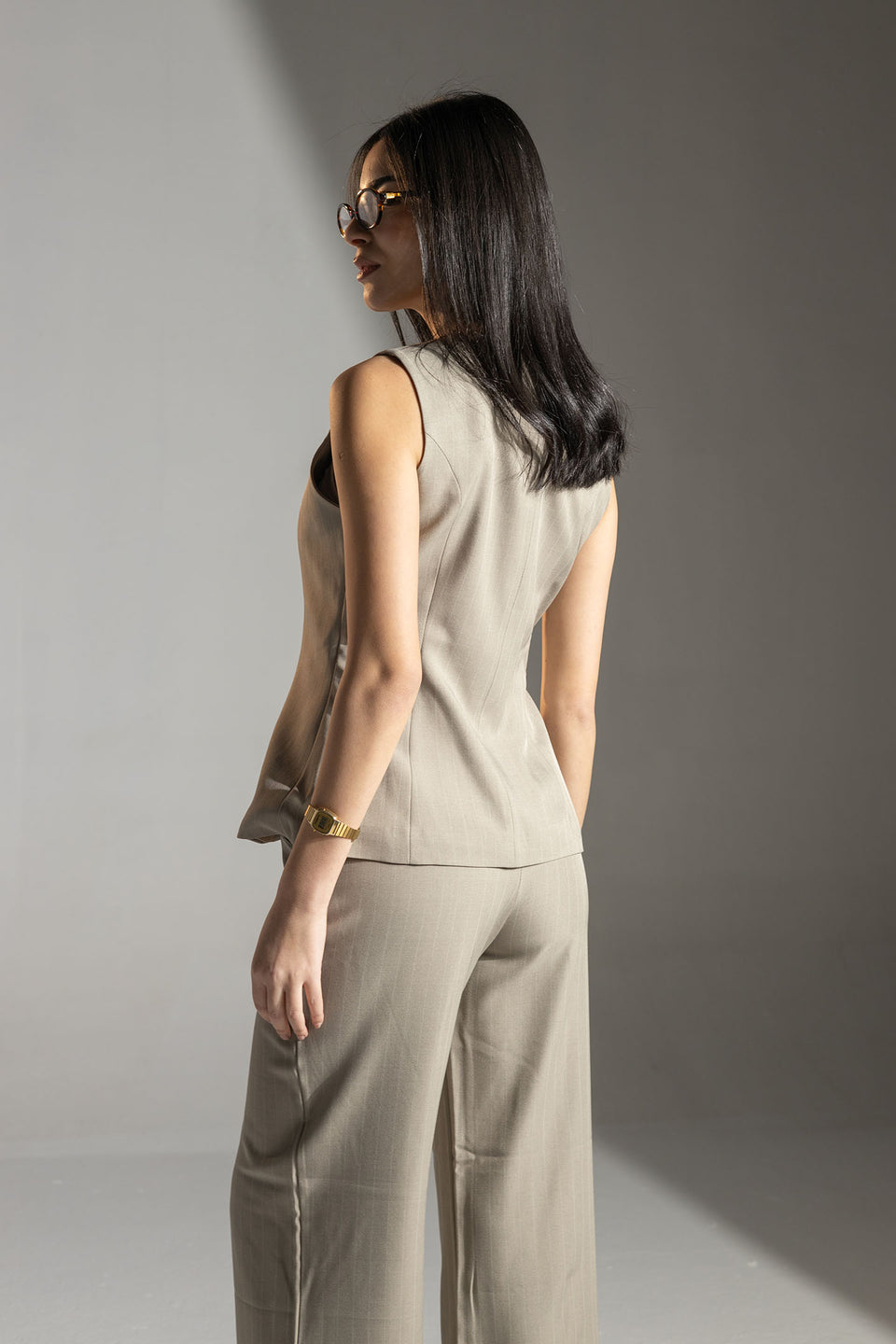 Beige Tailored Pinstripe Vest