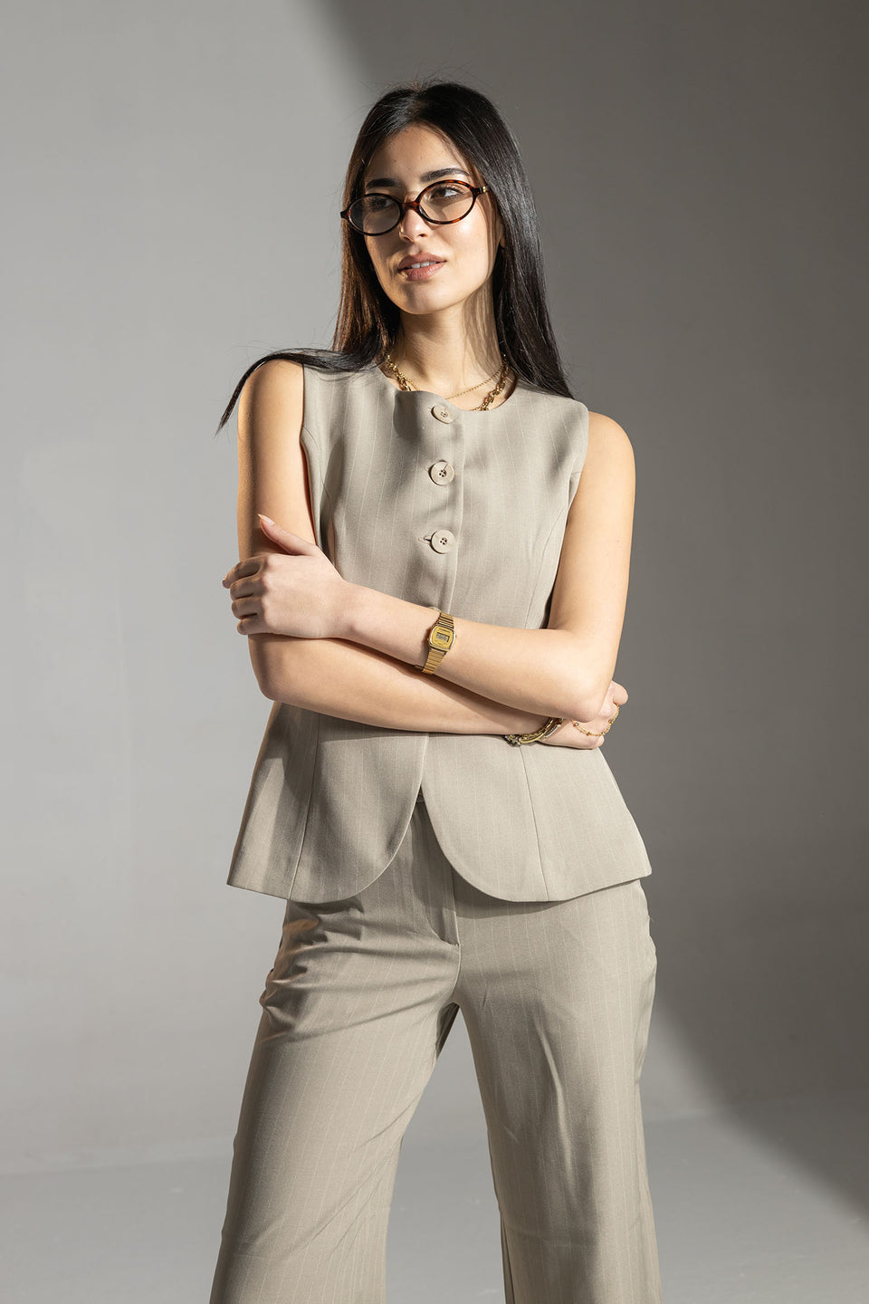 Beige Tailored Pinstripe Vest