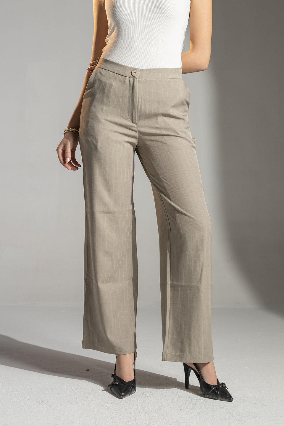 Beige Tailored Pinstripe Wide Leg Pants