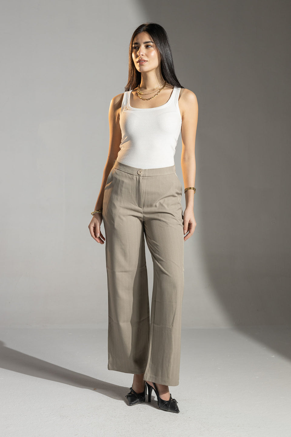 Beige Tailored Pinstripe Wide Leg Pants