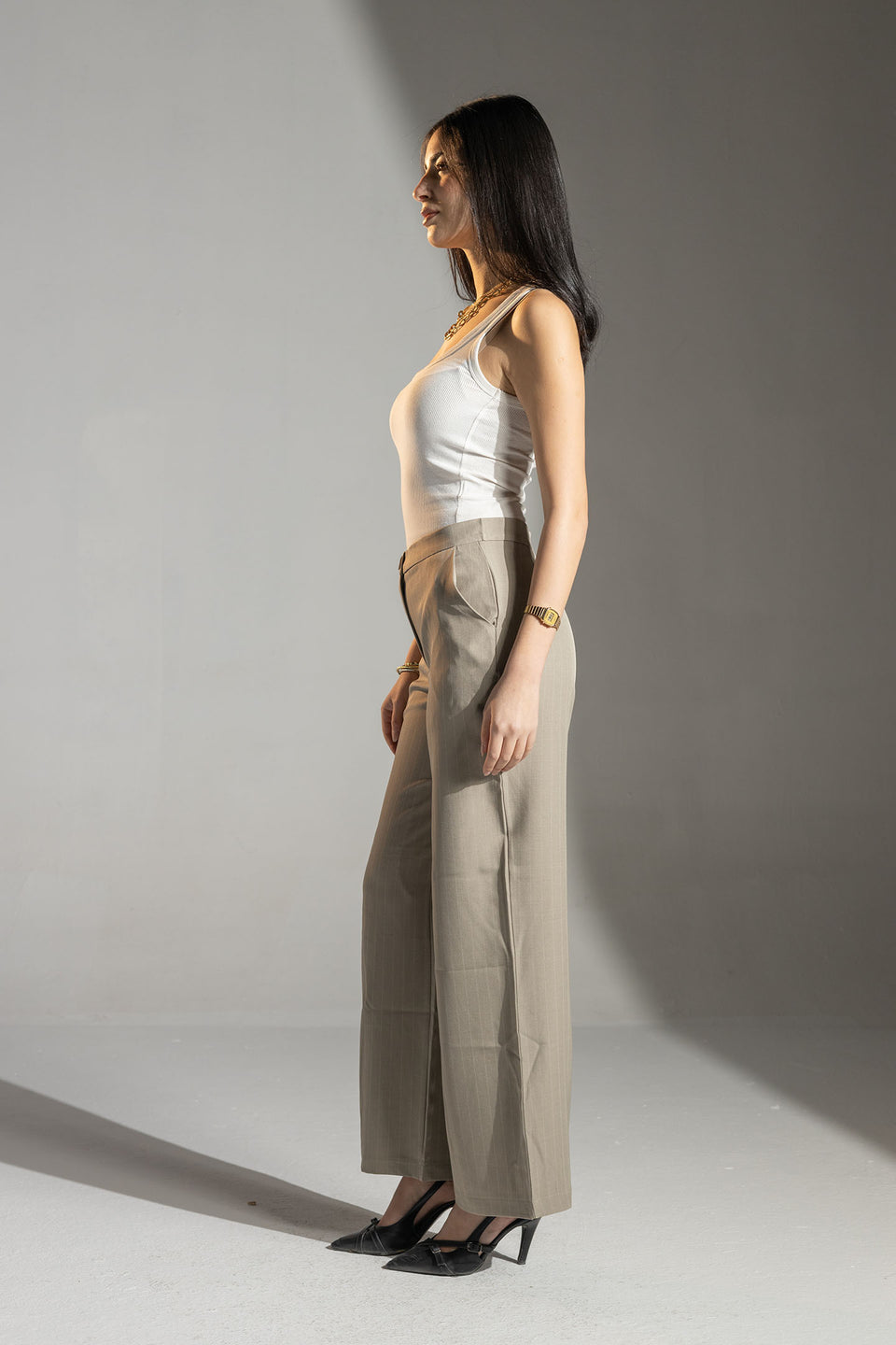Beige Tailored Pinstripe Wide Leg Pants