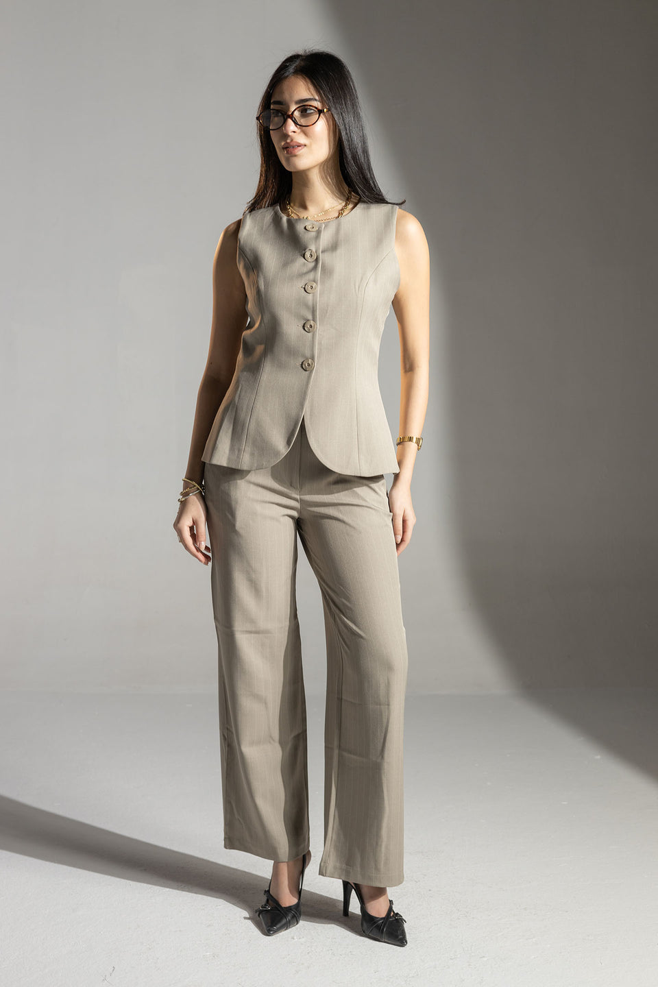 Beige Tailored Pinstripe Wide Leg Pants