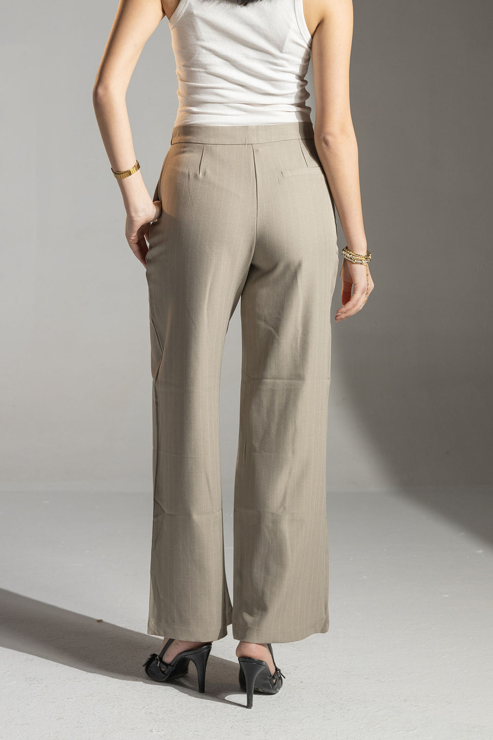 Beige Tailored Pinstripe Wide Leg Pants