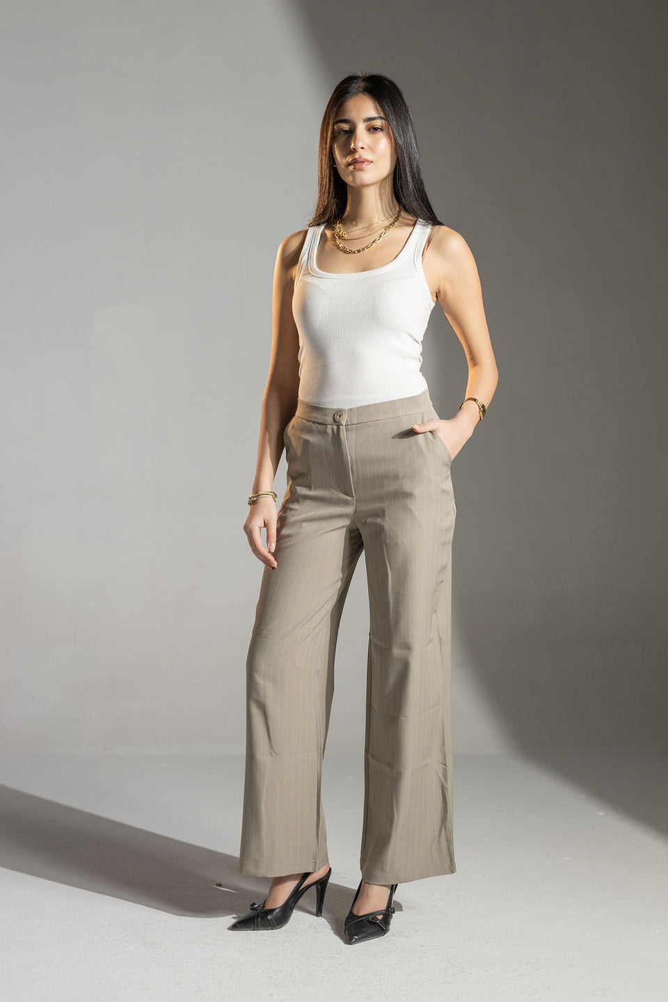 Beige Tailored Pinstripe Wide Leg Pants