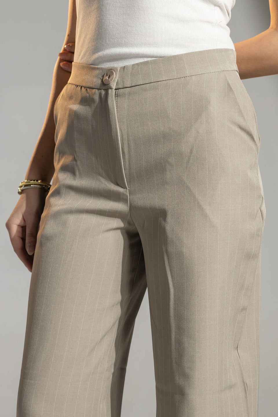 Beige Tailored Pinstripe Wide Leg Pants