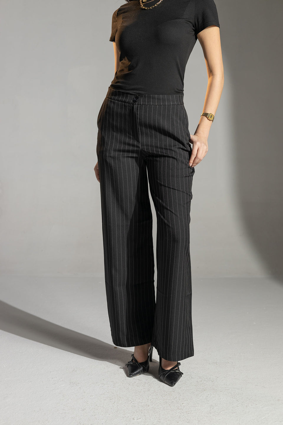 Black Tailored Pinstripe Wide Leg Pants
