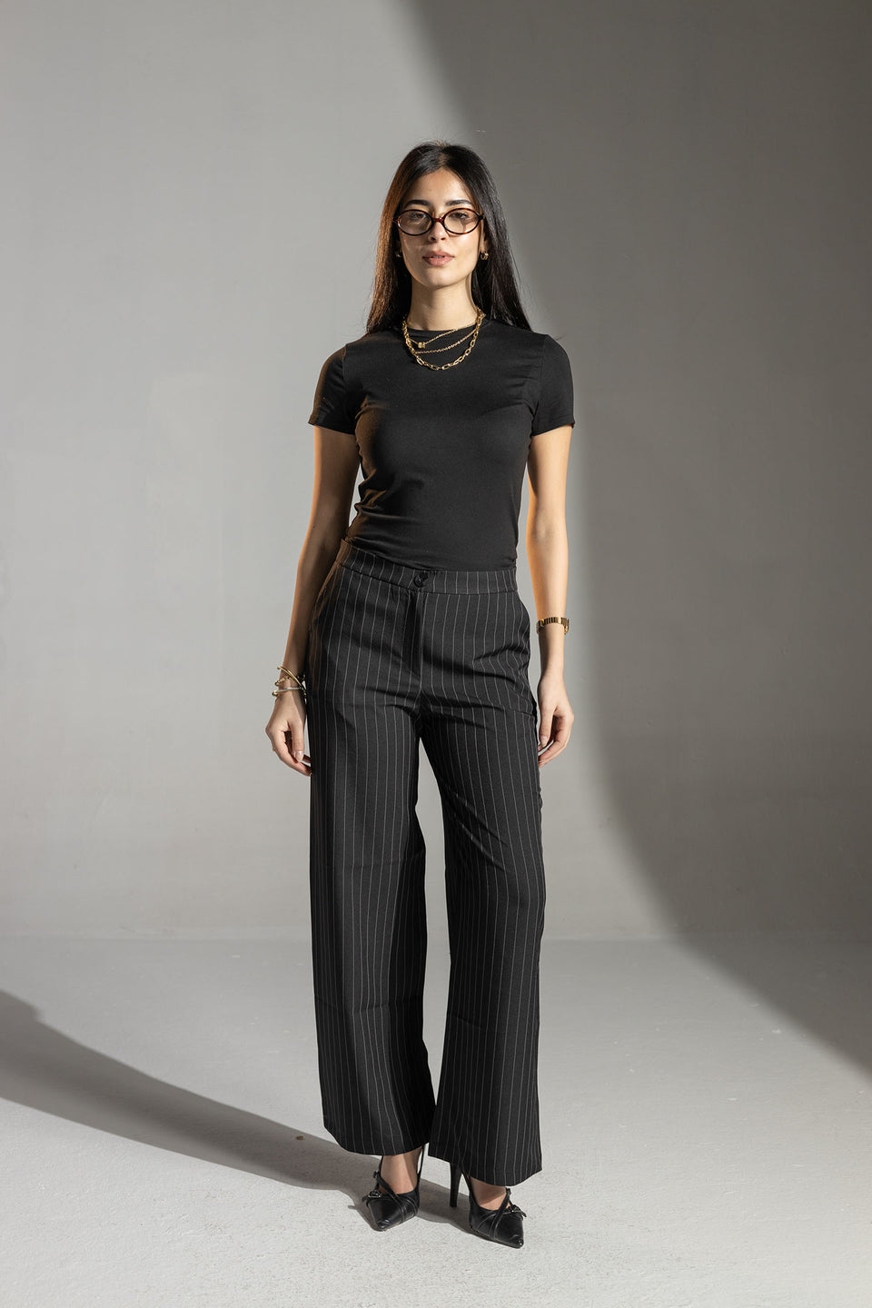 Black Tailored Pinstripe Wide Leg Pants