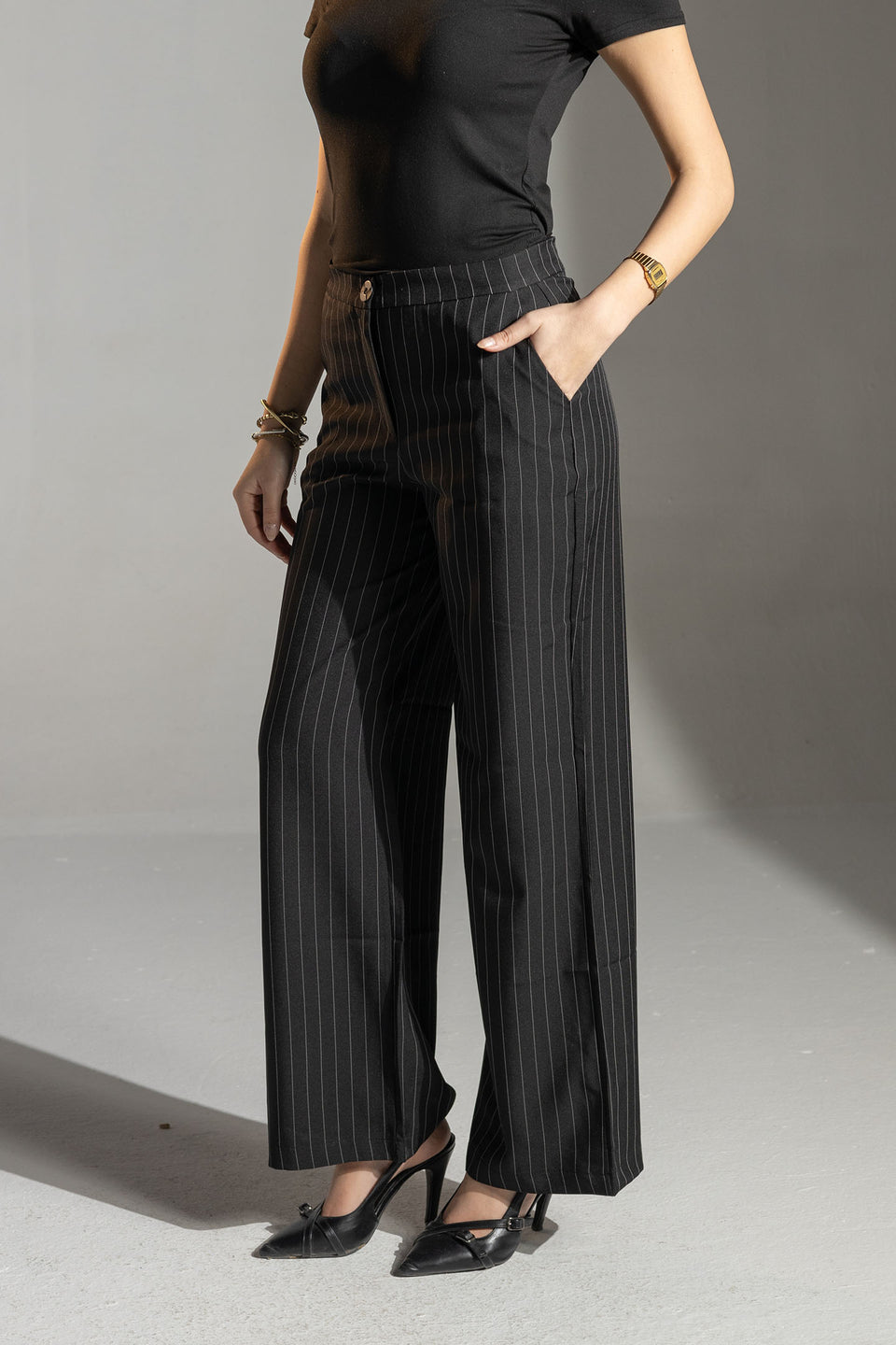 Black Tailored Pinstripe Wide Leg Pants