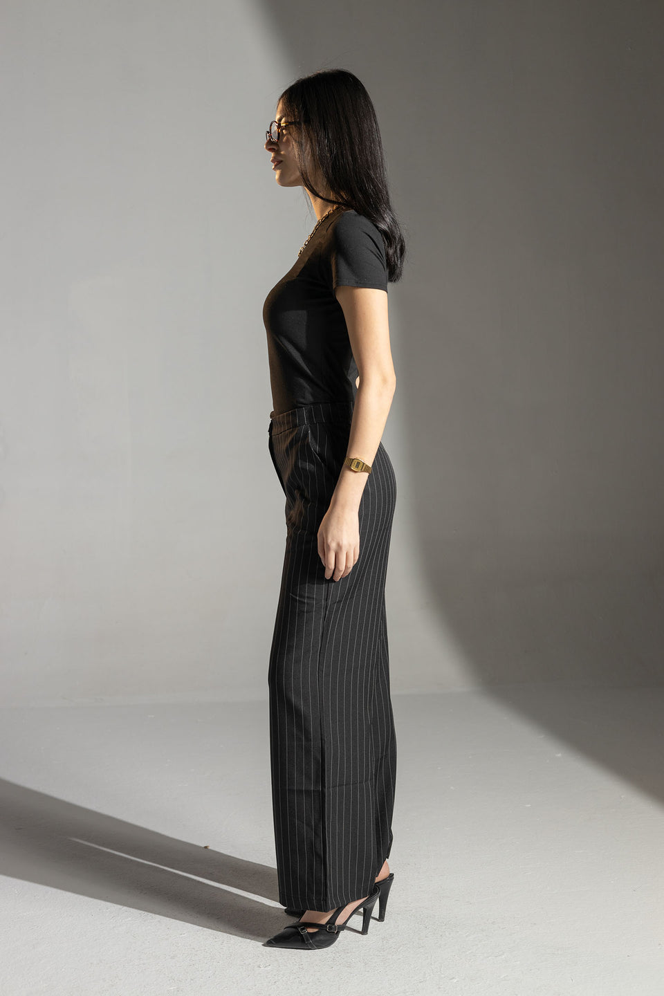 Black Tailored Pinstripe Wide Leg Pants