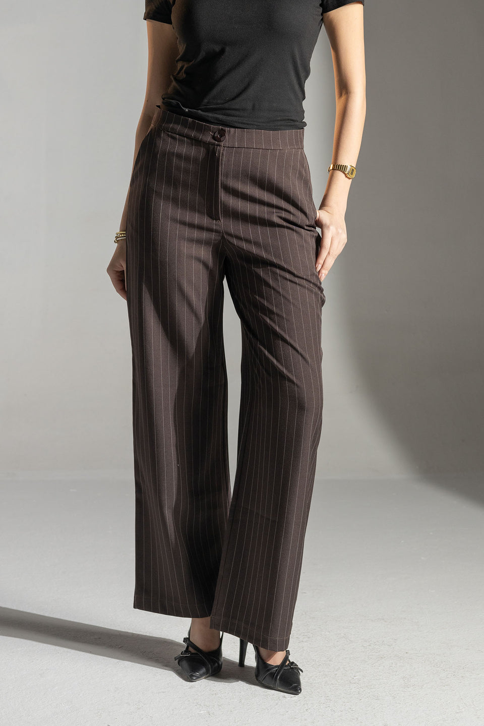 Brown Tailored Pinstripe Wide Leg Pants