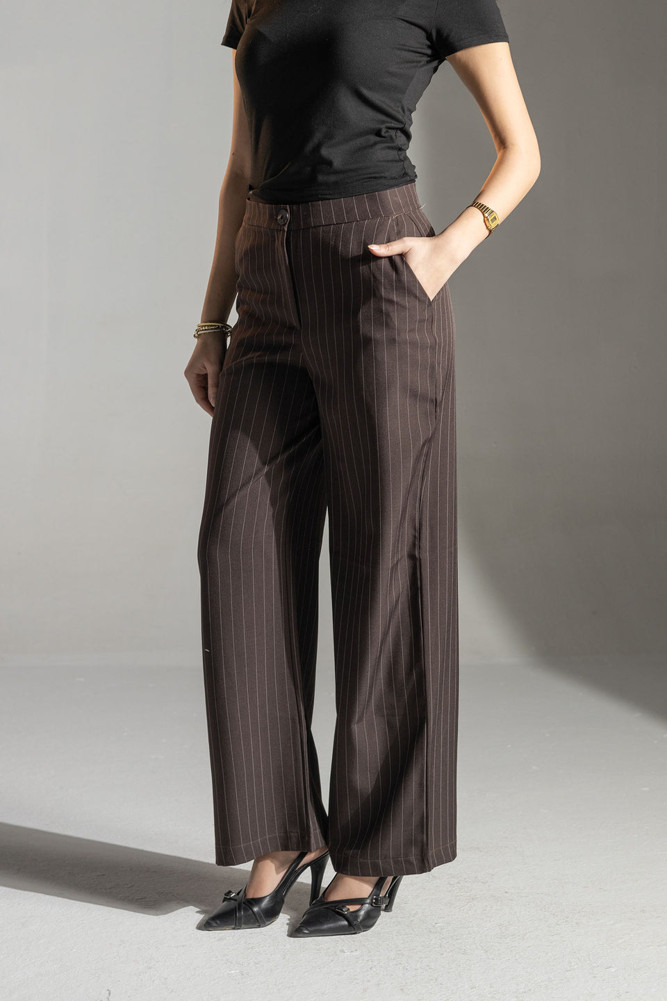 Brown Tailored Pinstripe Wide Leg Pants
