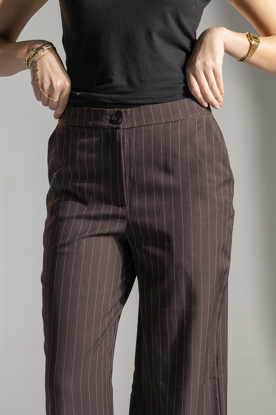Brown Tailored Pinstripe Wide Leg Pants