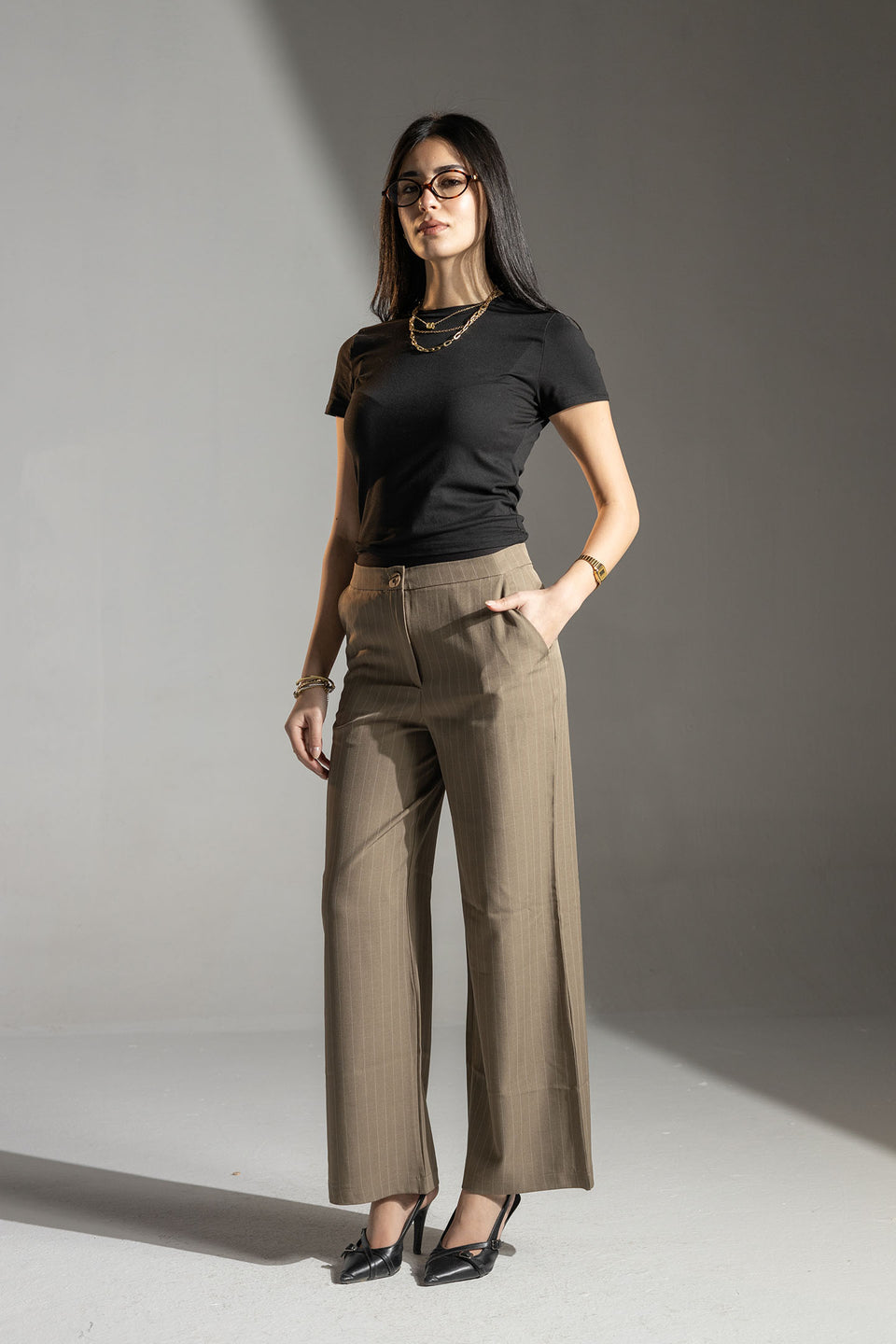 Coffe Tailored Pinstripe Wide Leg Pants