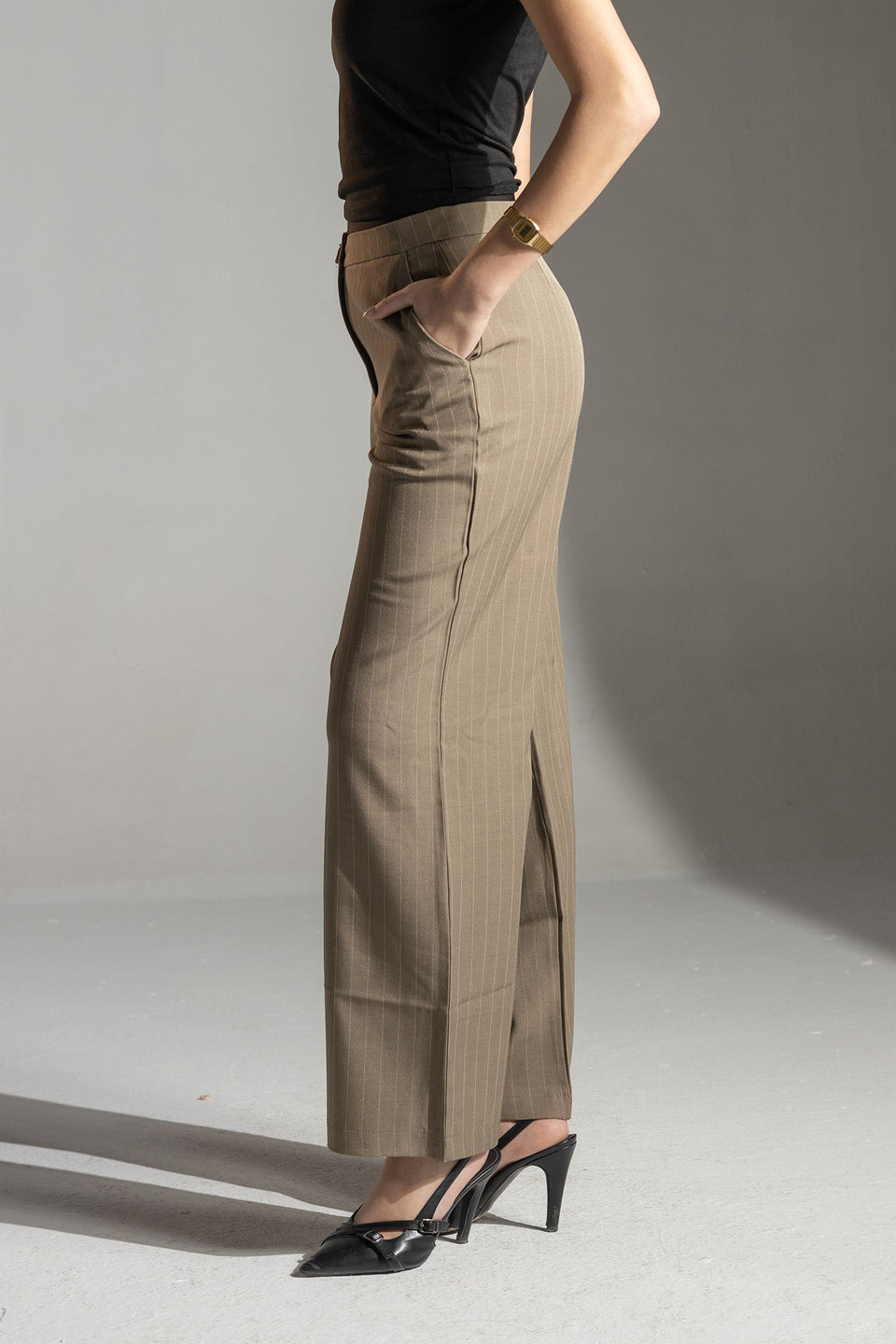 Coffe Tailored Pinstripe Wide Leg Pants