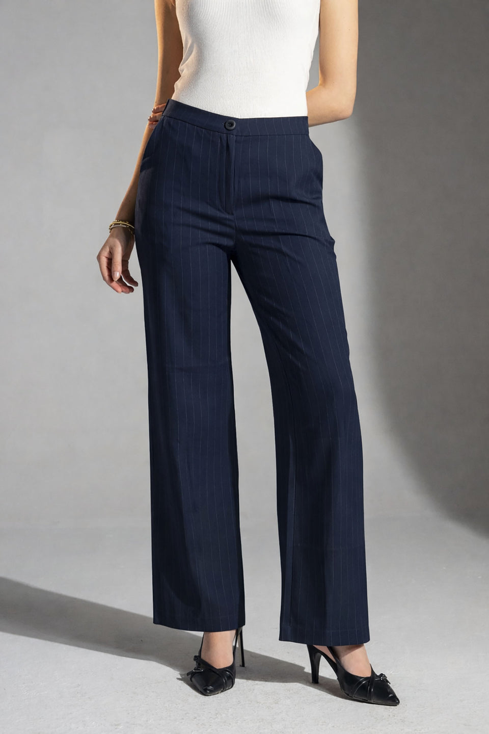Navy Tailored Pinstripe Wide Leg Pants