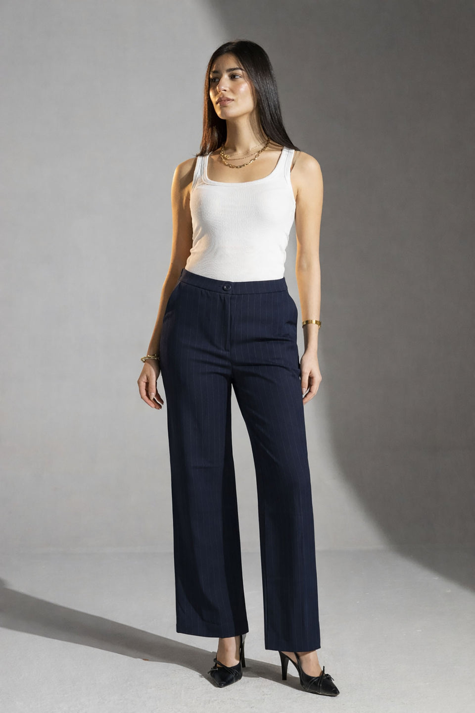 Navy Tailored Pinstripe Wide Leg Pants