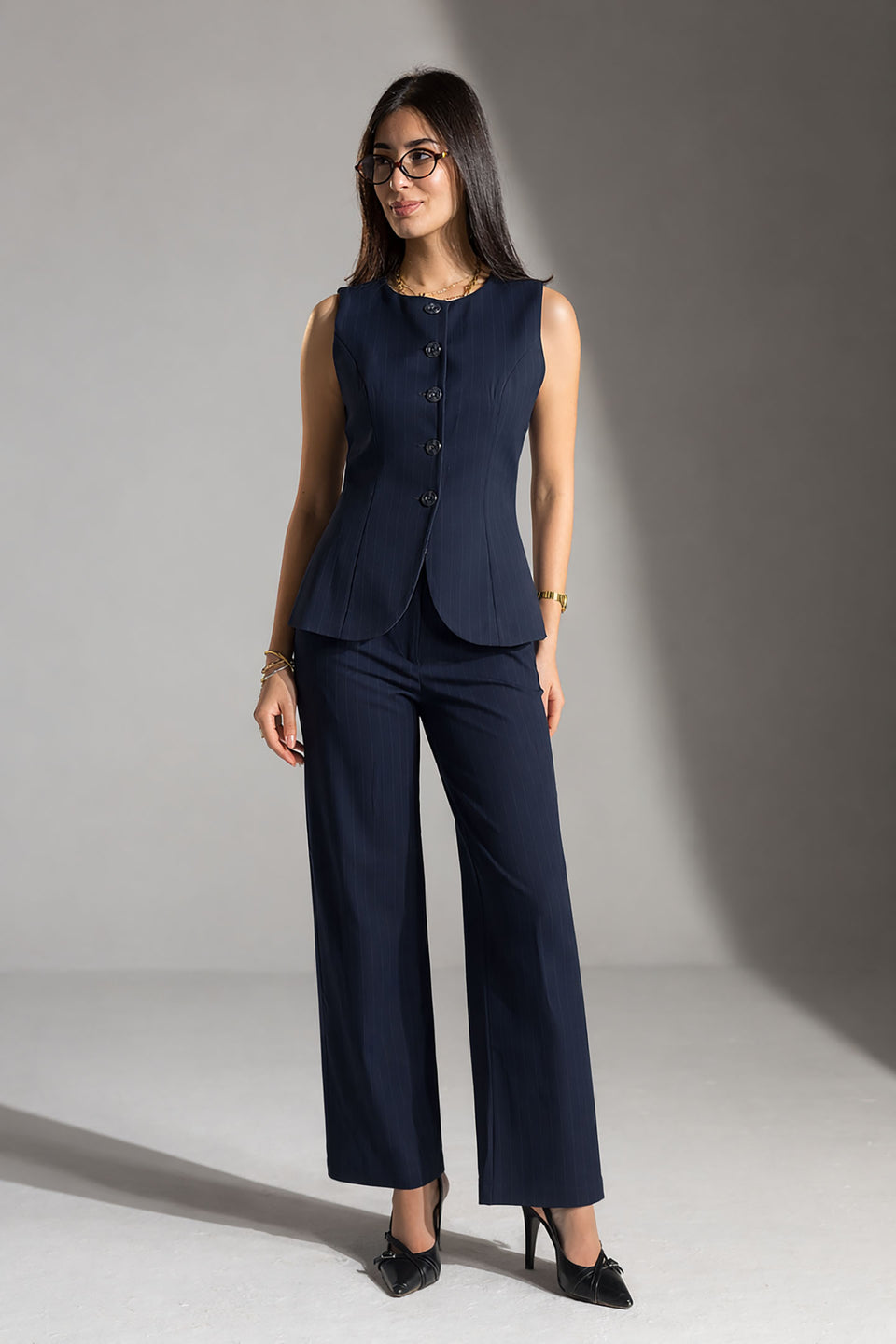 Navy Tailored Pinstripe Wide Leg Pants