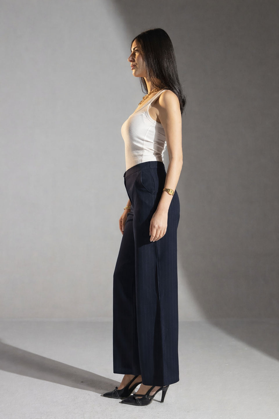 Navy Tailored Pinstripe Wide Leg Pants