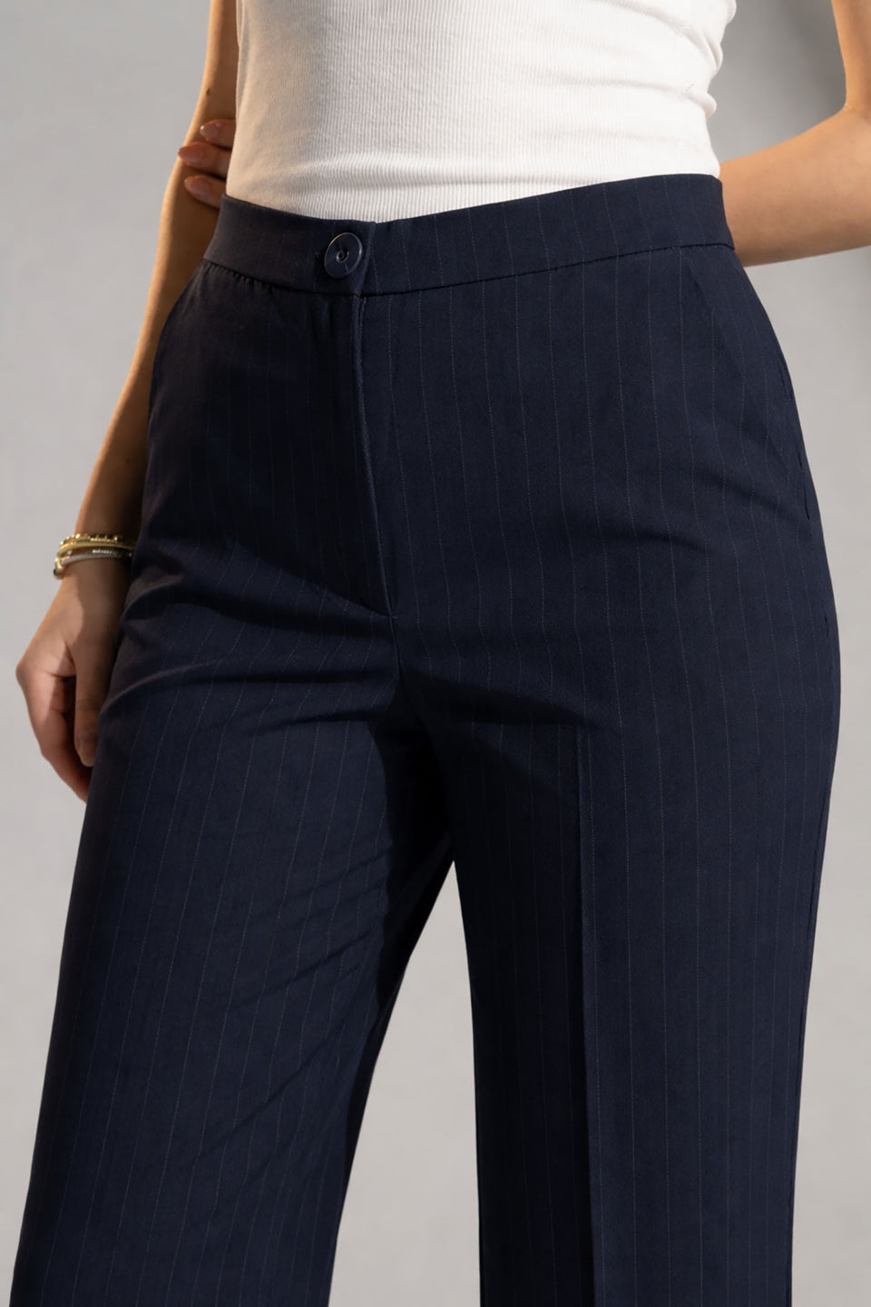 Navy Tailored Pinstripe Wide Leg Pants