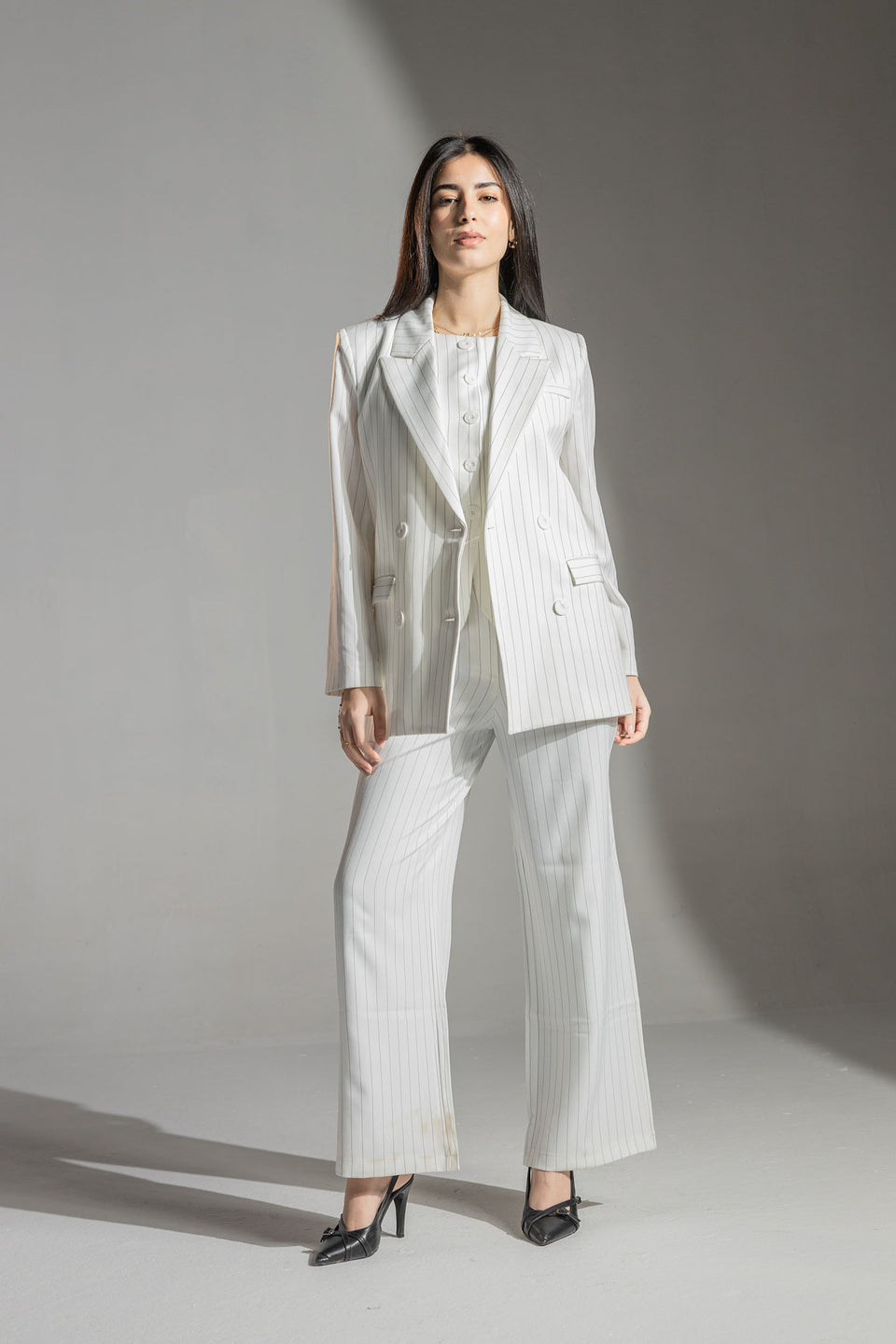 White Tailored Pinstripe Wide Leg Pants