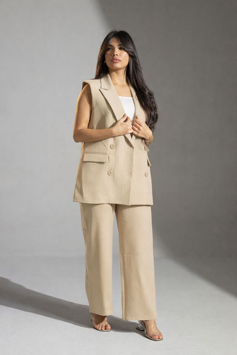 Beige Tailored Pinstripe Long Vest
