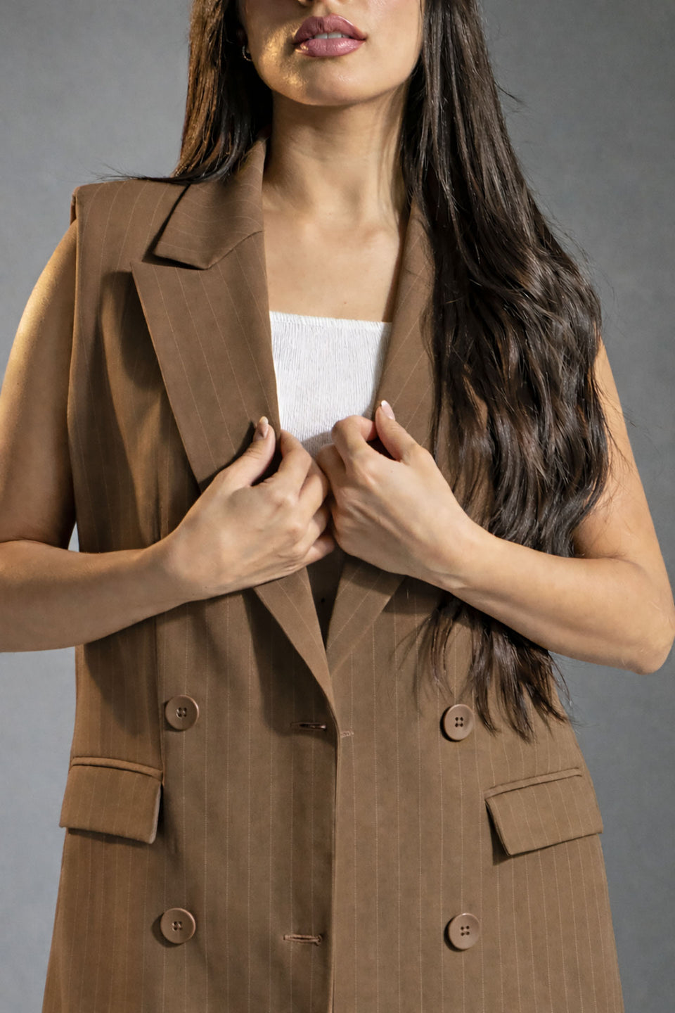 Coffe Tailored Pinstripe Long Vest