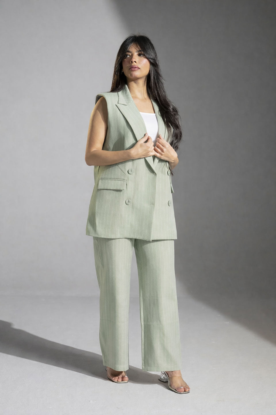 Mint Tailored Pinstripe Long Vest