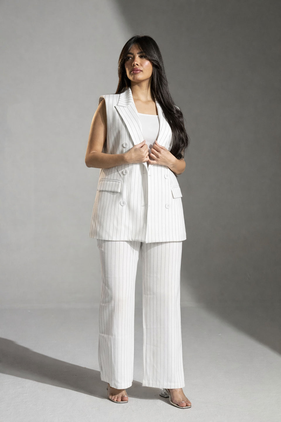 White Tailored Pinstripe Long Vest
