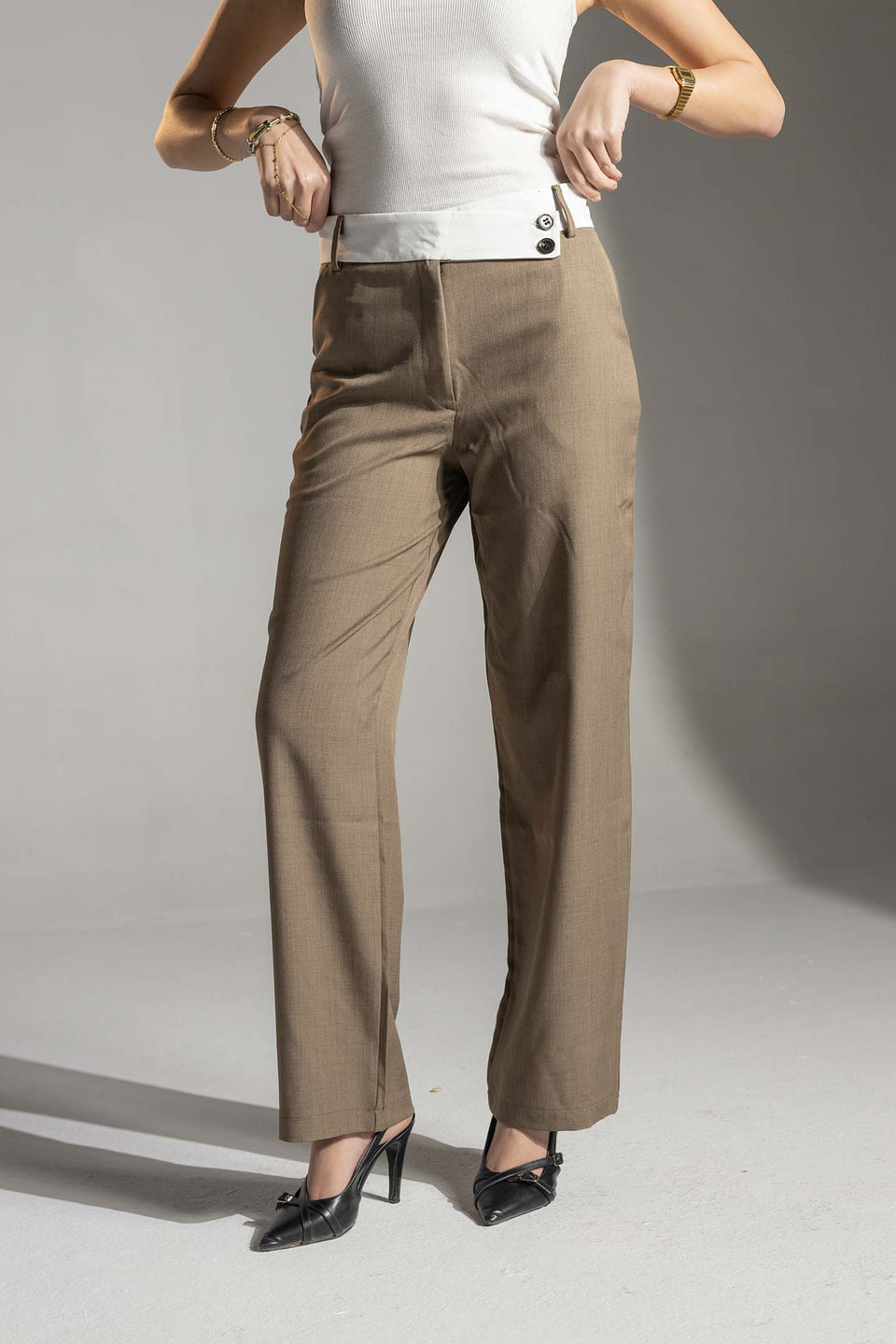 Brown Tailored Pants with White Waistband