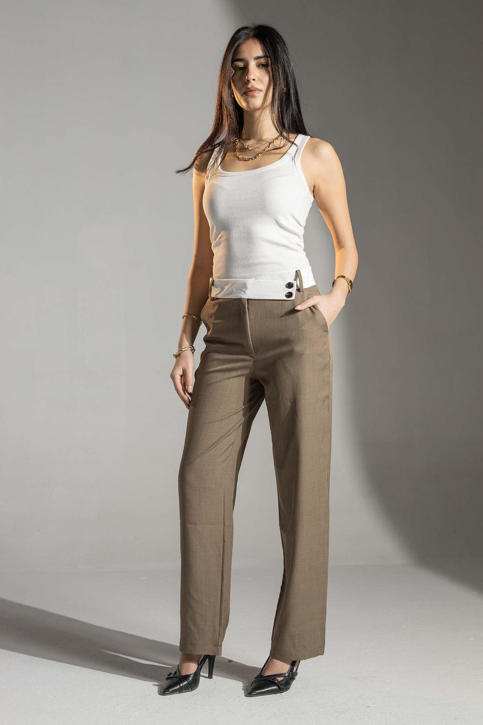 Brown Tailored Pants with White Waistband