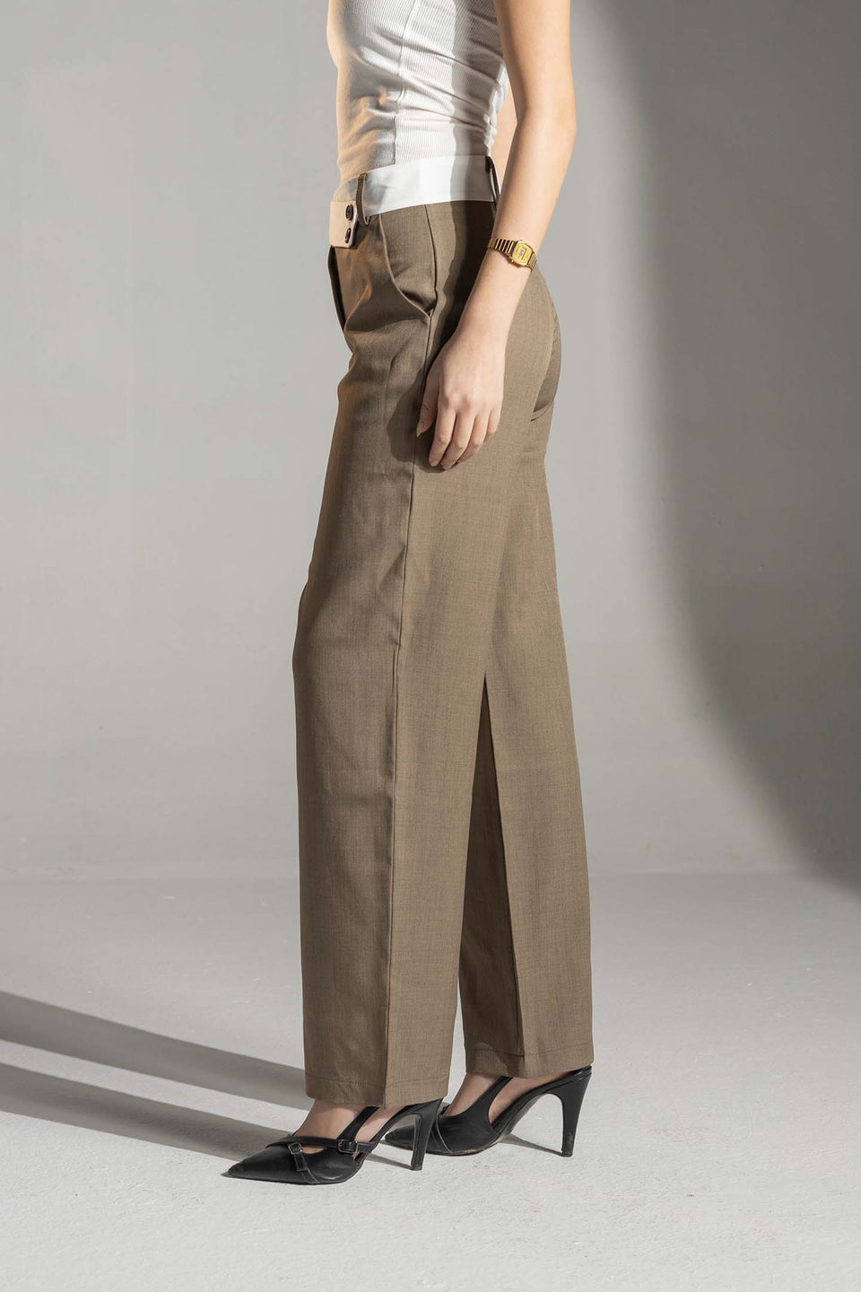 Brown Tailored Pants with White Waistband