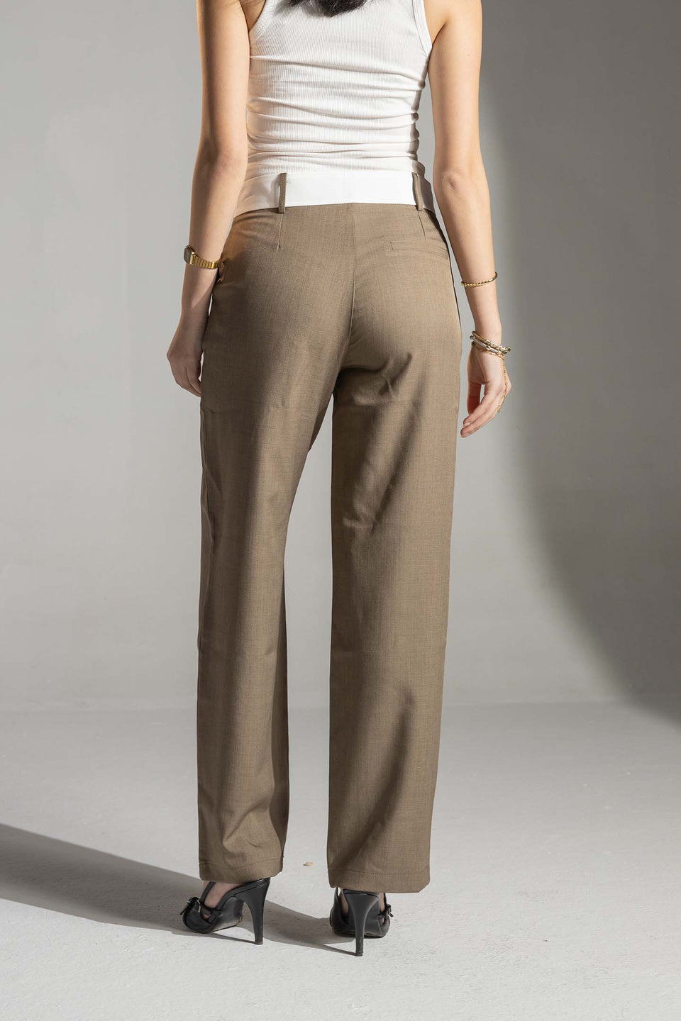 Brown Tailored Pants with White Waistband
