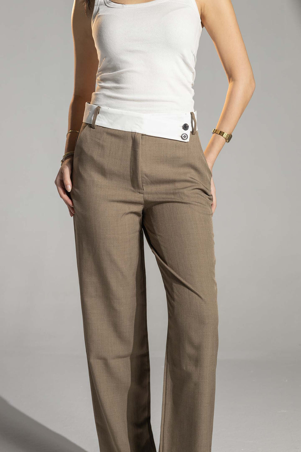 Brown Tailored Pants with White Waistband