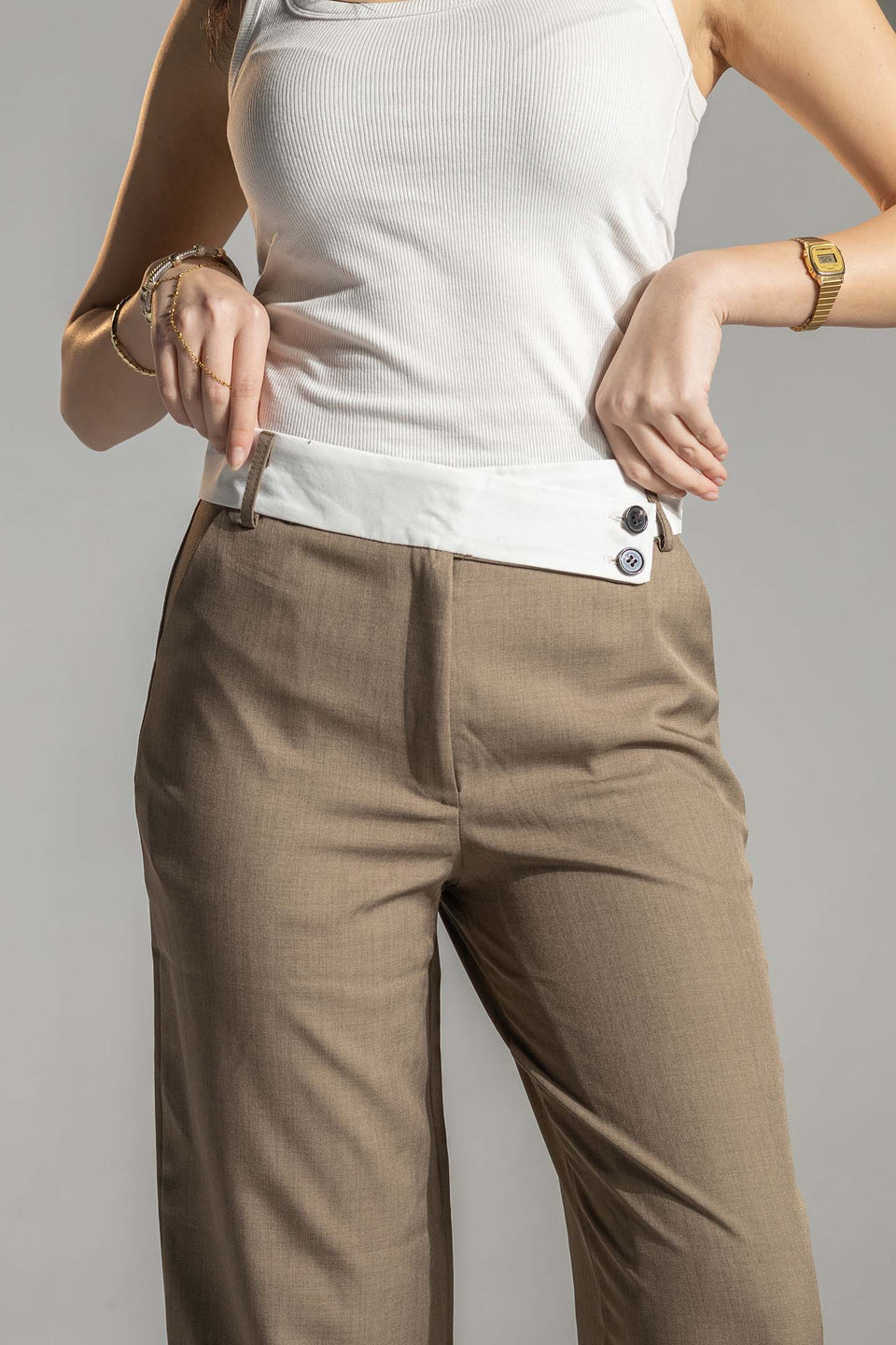 Brown Tailored Pants with White Waistband