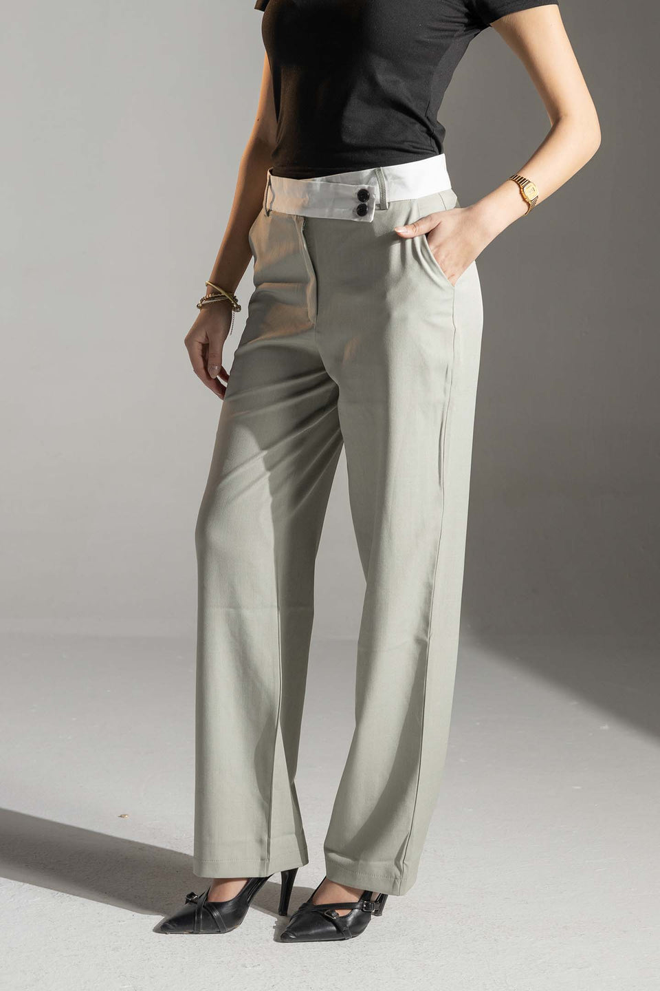 Mint Tailored Pants with White Waistband