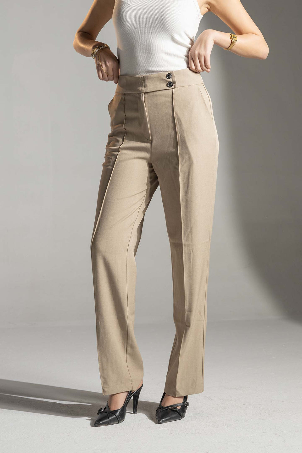 Beige High-Waisted Tailored Pants
