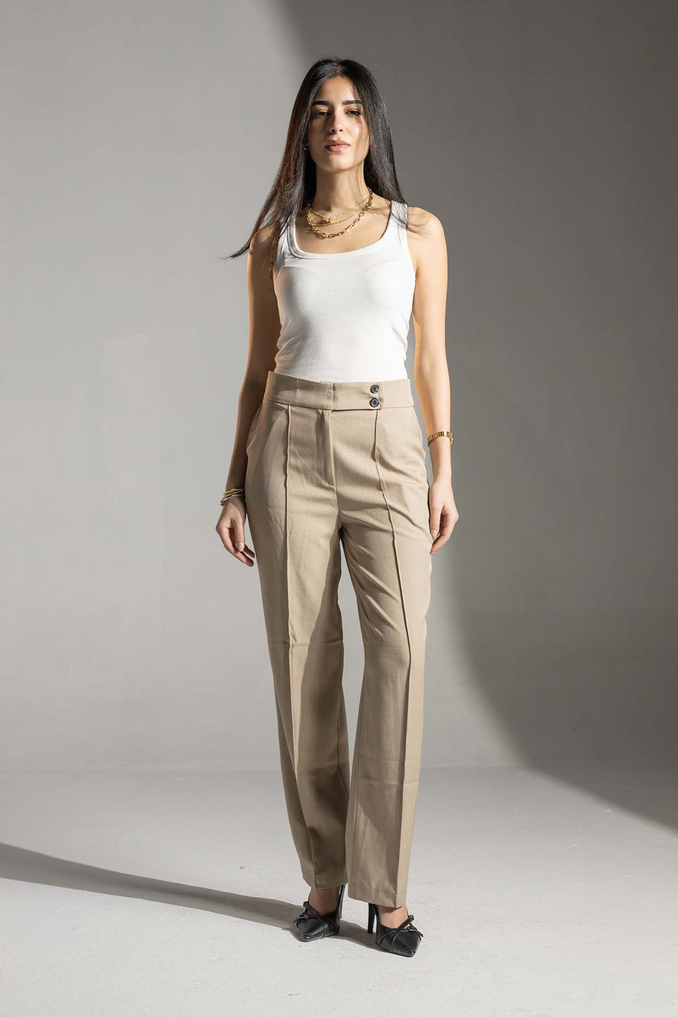 Beige High-Waisted Tailored Pants