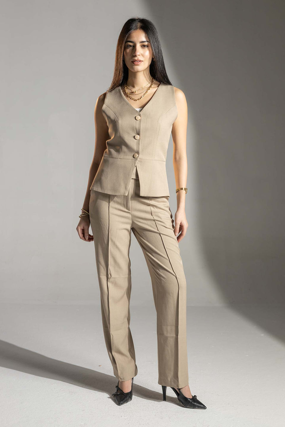 Beige High-Waisted Tailored Pants
