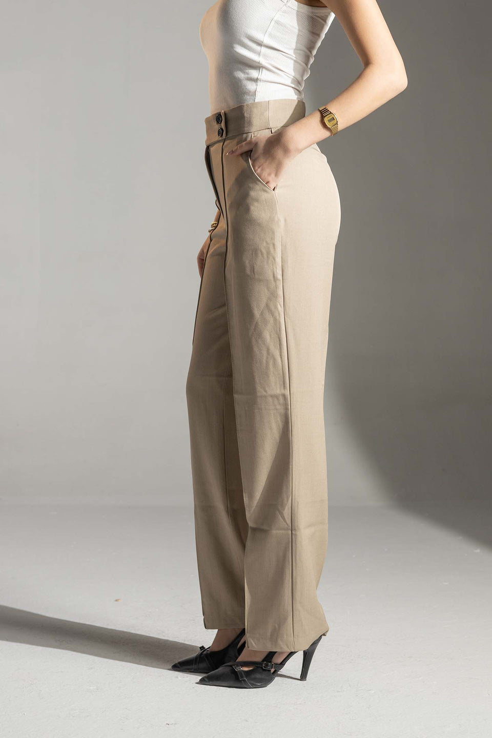 Beige High-Waisted Tailored Pants