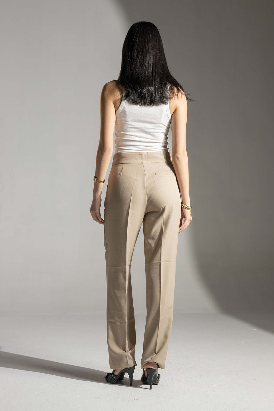 Beige High-Waisted Tailored Pants
