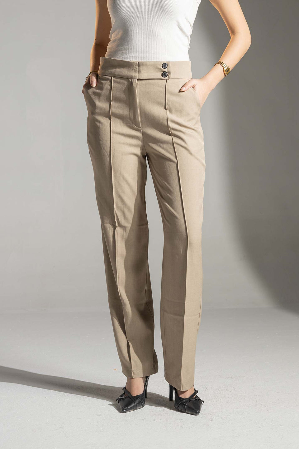 Beige High-Waisted Tailored Pants