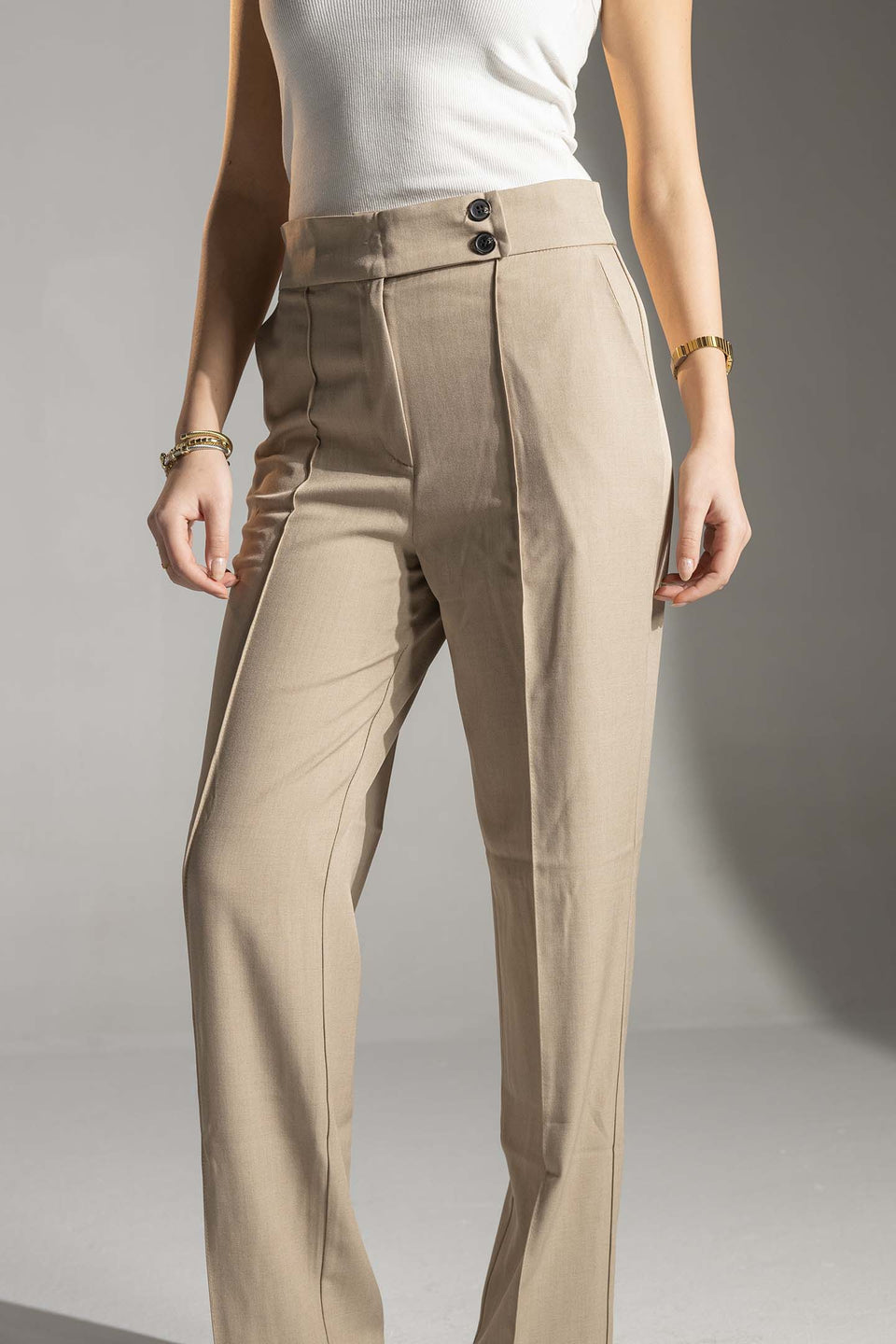 Beige High-Waisted Tailored Pants