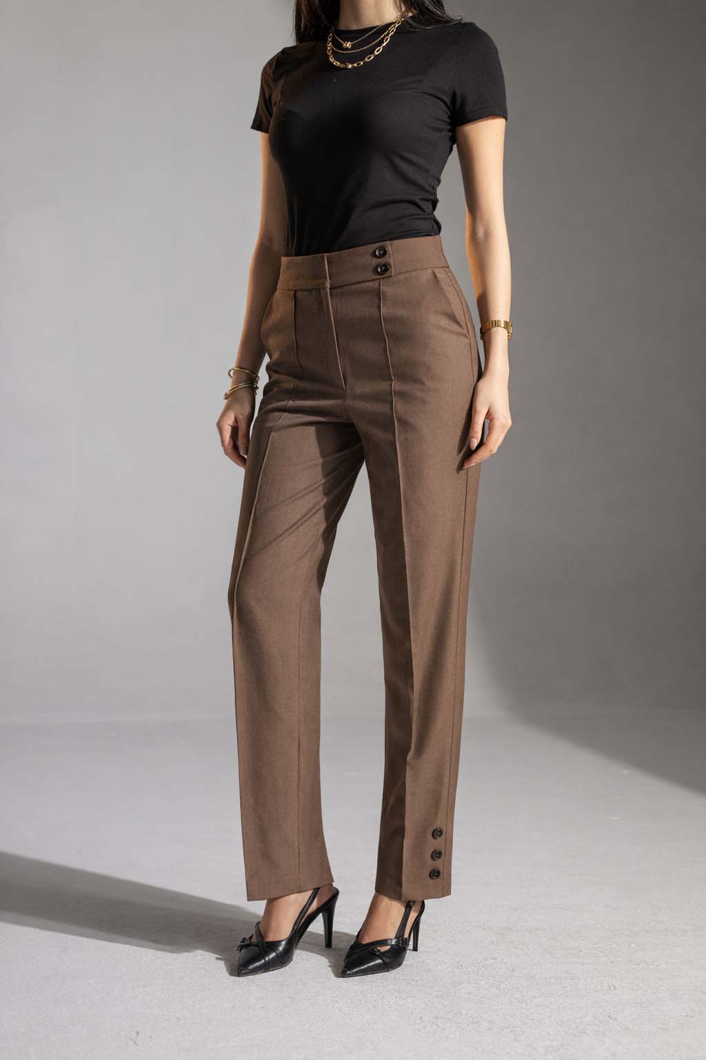 Brown High-Waisted Tailored Pants
