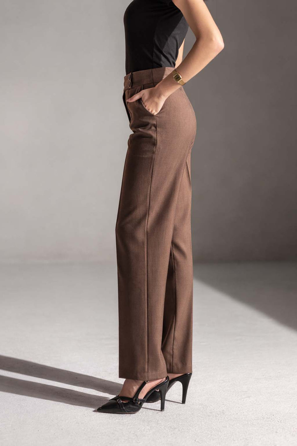 Brown High-Waisted Tailored Pants