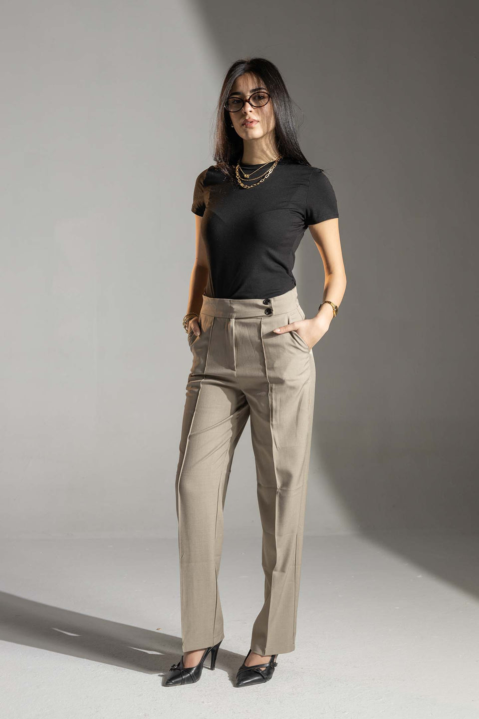Coffe High-Waisted Tailored Pants