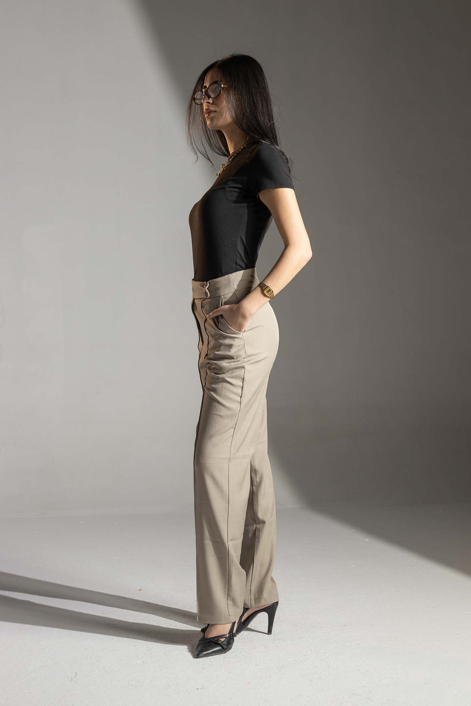 Coffe High-Waisted Tailored Pants