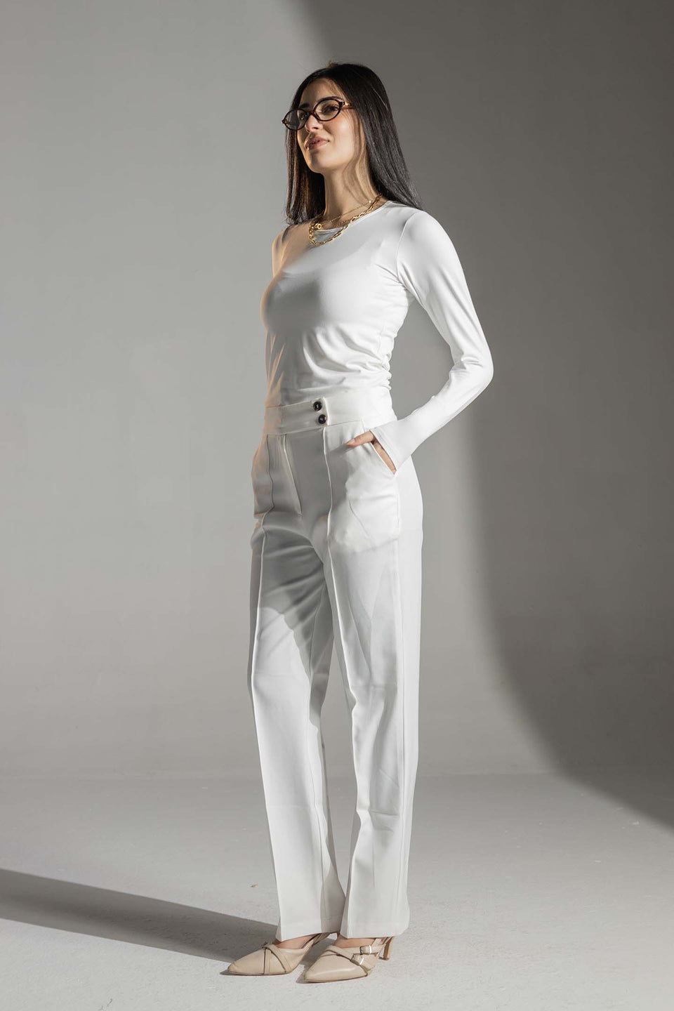 White High-Waisted Tailored Pants