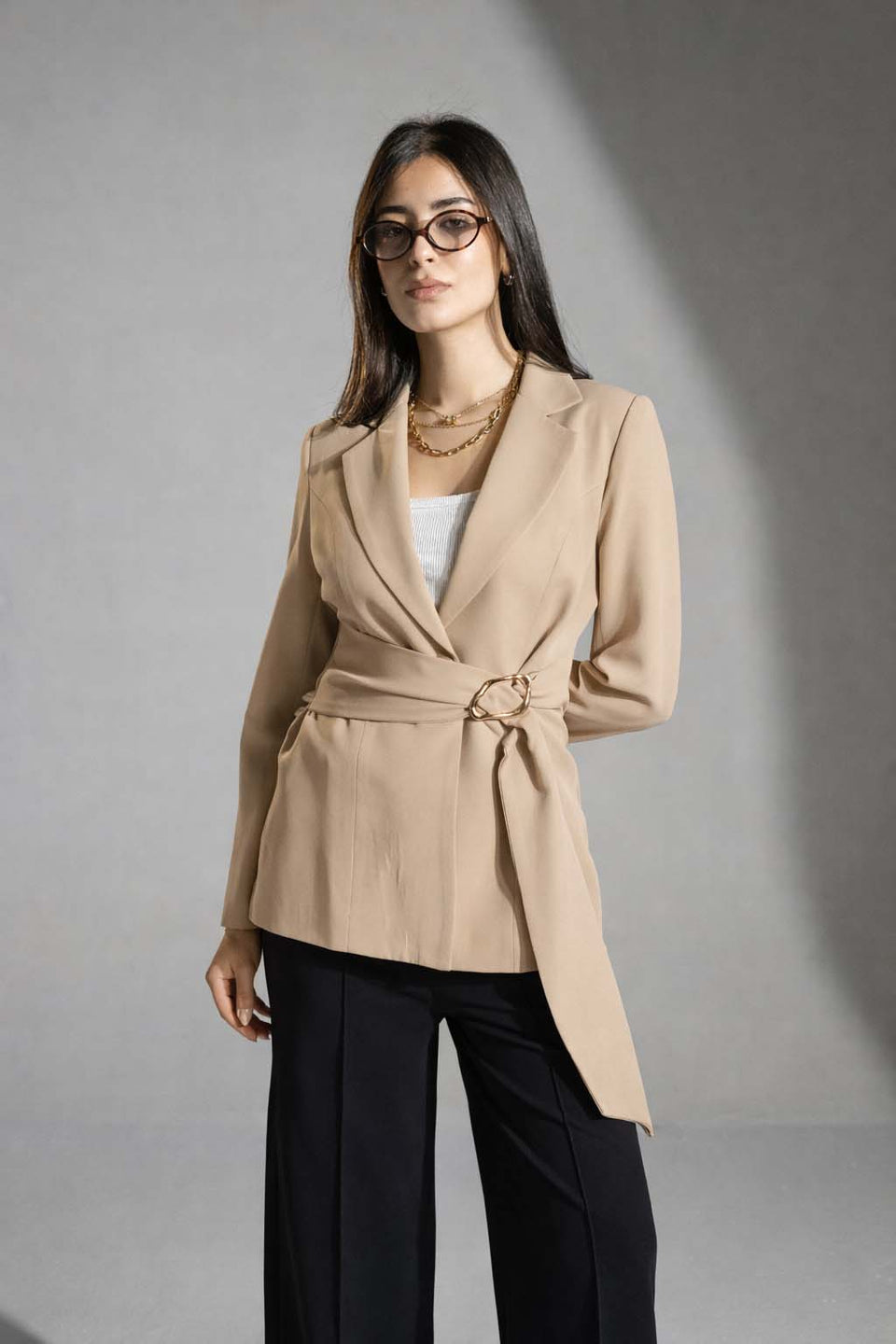 Beige Tailored Elegant Tied Blazer