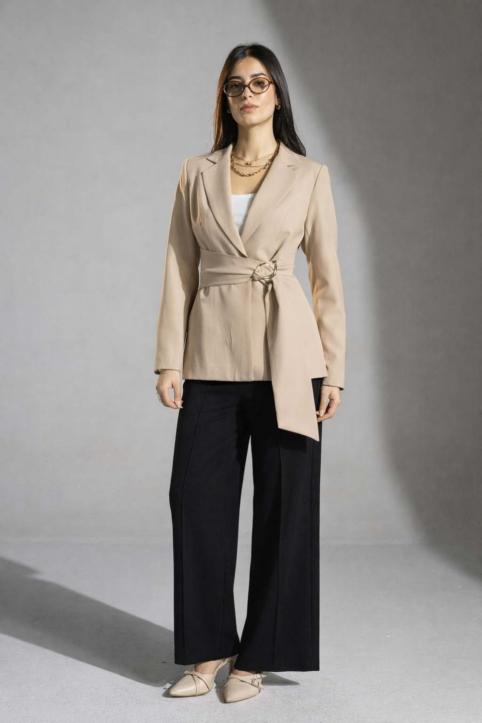 Beige Tailored Elegant Tied Blazer