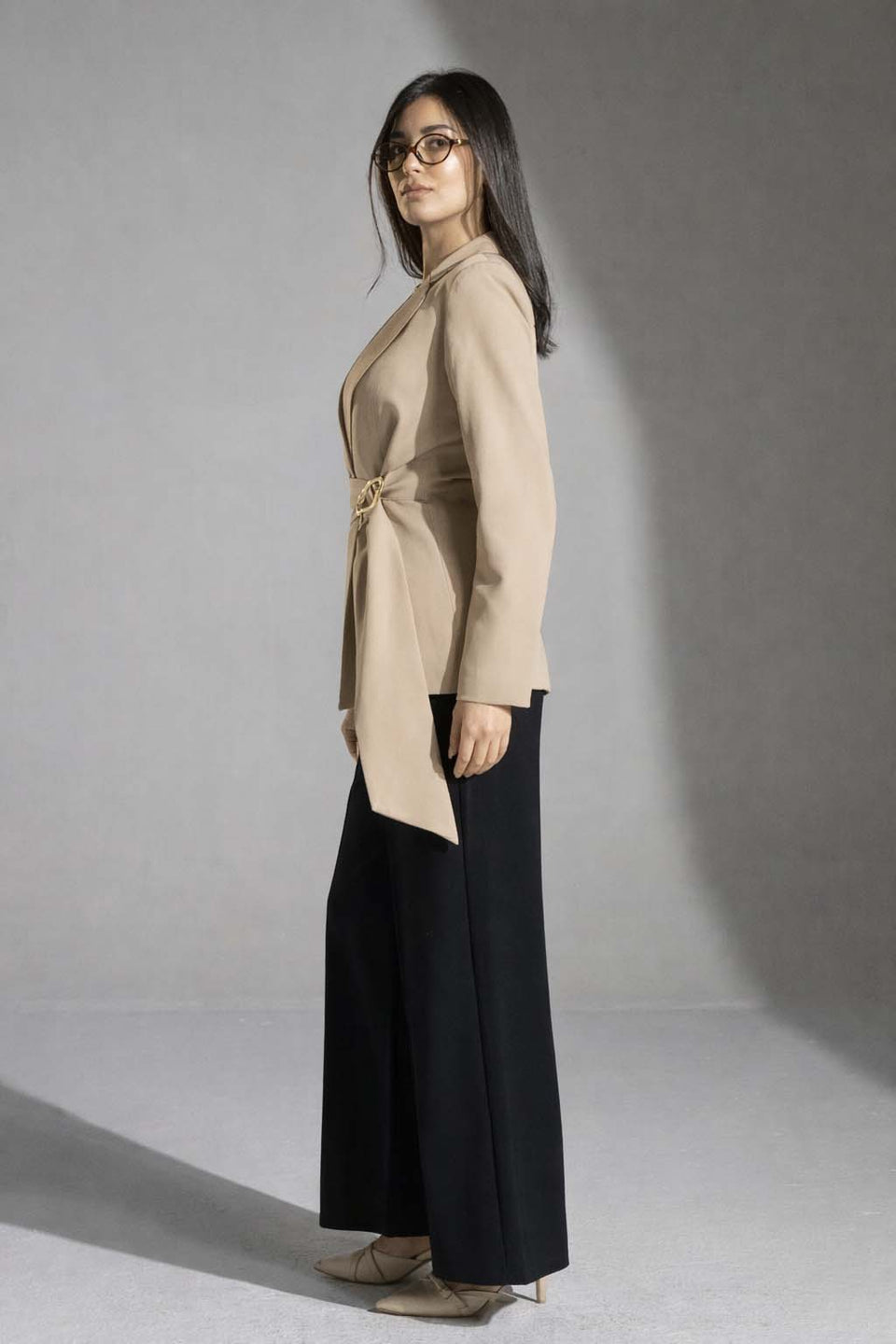 Beige Tailored Elegant Tied Blazer